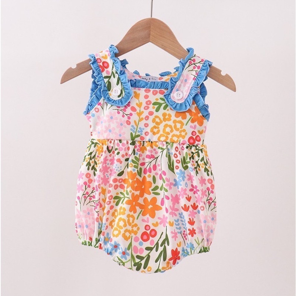 Abby & Evie Floral Bubble Romper Blue Ruffle Trim NWT 2T Toddler Girl MultiColor